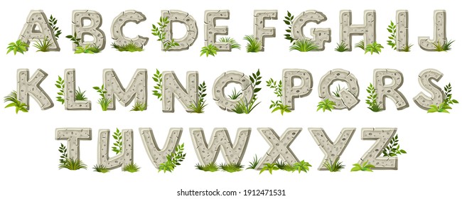 Cartoon rock alphabet font with leaves and grass. Stone age writing. Capital letters isolated on white background. Vector objects.
