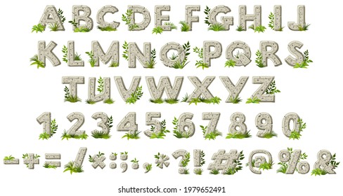 Cartoon rock alphabet font with leaves and grass. Stone age writing. Capital letters, numbers, punctuation marks isolated on white background. Vector elements.