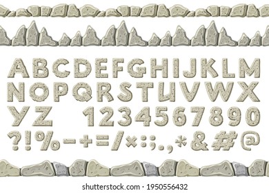 Cartoon rock alphabet font, punctuation marks. Stone age character letters. Seamless old gray borders. Capital letters and numbers isolated on white background. Vector objects.