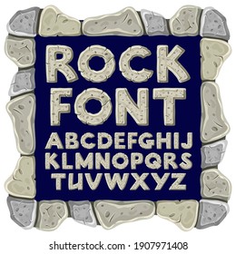 Cartoon rock alphabet font. Stone age writing. Capital letters isolated on dark background. Vector objects. 