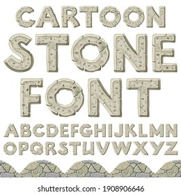 Cartoon rock alphabet font. Stone age character letters. Seamless old gray border. Capital letters isolated on white background. Vector objects.