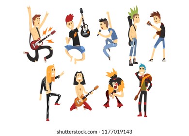 Cartoon rock artists characters singing and playing on musical instruments. Guys with colorful haircuts. Guitarists and singers. Music band. Flat vector set