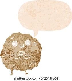 personaje de rock de dibujos animados con burbuja de habla en un estilo retro angustiado y texturado