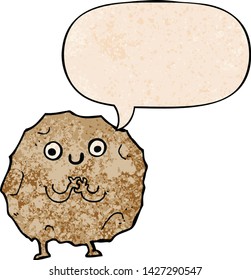 cartoon rock character with speech bubble in retro texture style
