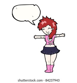 cartoon rock chick with speech bubble showing off t-shirt