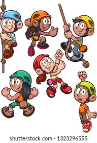 Cartoon Rock Climbing Kids Clip Art. Vector Illustration With Simple Gradients. Each On A Separate Layer. 