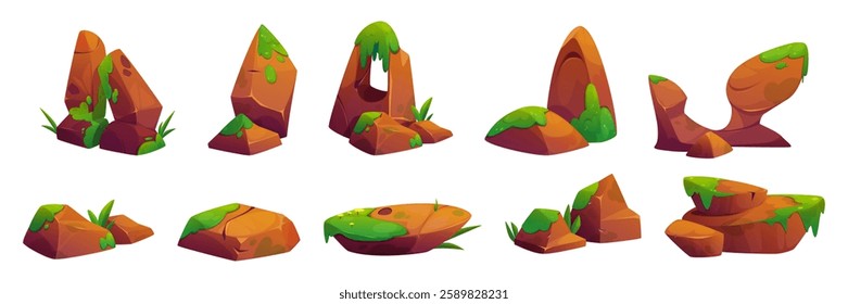 Cartoon rock collection with green moss patches, grass sprouts and yellow flowers for game landscape design. Natural brown stone formation set for environmental wetland terrain scenery creation.