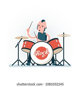 Cartoon rock drummer playing on drum set. Illustration in flat style.
