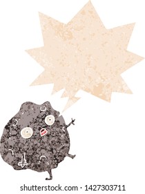 cartoon rock falling with speech bubble in grunge distressed retro textured style