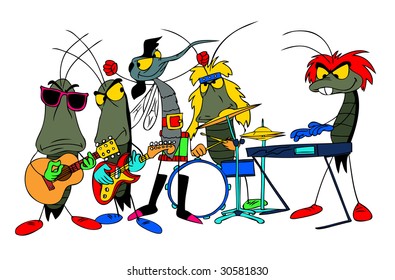 A cartoon rock group of bugs making music.