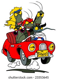 A cartoon rock group of bugs traveling by car.