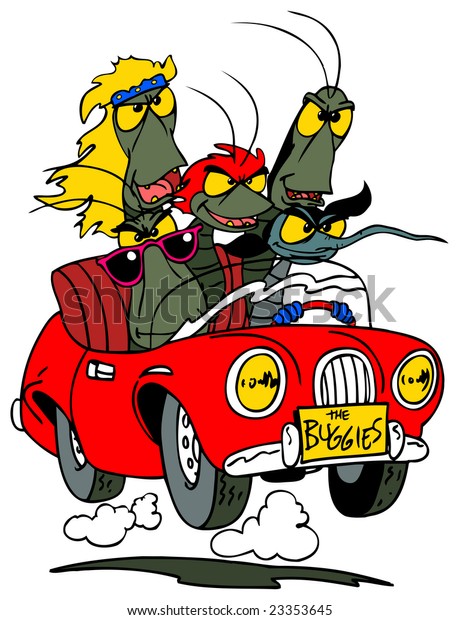 A cartoon\
rock group of bugs traveling by\
car.