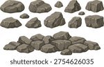 Cartoon rock illustration collection featuring individual stones, clustered piles, textured gray formations, natural environment vector design set