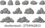 Cartoon rock illustration collection featuring single stones, clusters, textured surfaces, natural landscape element vector design set