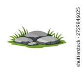 Cartoon rock illustration with grass elements, simple nature object design perfect for game assets, nature themes, landscape decoration, environmental graphics and outdoor concept visuals.