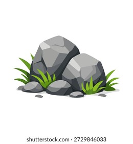 Cartoon rock illustration with grass elements, simple nature object design perfect for game assets, nature themes, landscape decoration, environmental graphics and outdoor concept visuals.