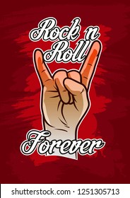 Cartoon rock and roll hand gesture or sign with white text. On red grunge background. Vector icon.