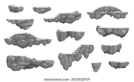 Cartoon rock stone isolated game platforms. Mobile arcade environment ground vector jumping platforms. Videogame level flying stone world elements or computer 2d game floating rock islands collection