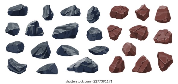 Cartoon rock stones and boulders. Rubble, gravel, cobble vector set. Mountain natural elements, geological materials, rocky pieces different shapes isolated black and brown lumps, landscaping objects