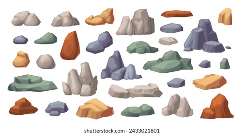 Cartoon rock stones, cobbles and boulders big set. Grey and brown rock piles, granite chunks and gravel. Vector nature objects for game environment design