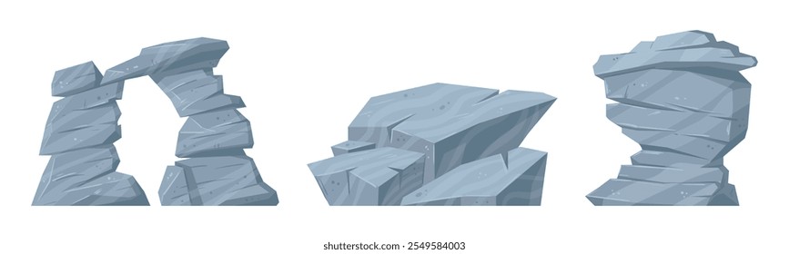 Pedras de desenhos animados. Pedras de granito, pedras cinzentas pesadas, camadas conjunto de ilustração de vetor plano rochas. Coleção de rochas de montanha