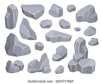 Cartoon rock stones, gray mountain cliffs and boulders. Various sizes rocks formation, mineral debris, broken concrete pile vector set. Natural blocks for architectural construction and design