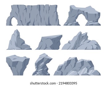 Cartoon rock stones, heavy grey gravel stones. Mountain rocks, cobblestones and boulders flat vector illustrations collection. Gray rock stones set