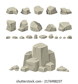 Cartoon Rock Stones Set. Boulder And Rubble Mountain, Gravel Pile Or Wall, Granite Debris Construction, Concrete Elements. Big And Small Isolated Objects. Vector Isolated Texture