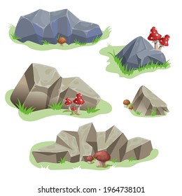 Cartoon rock and stones set. Different shapes and textures. Different boulders with grass and mushrooms. Vector illustrations collection isolated on white background.
