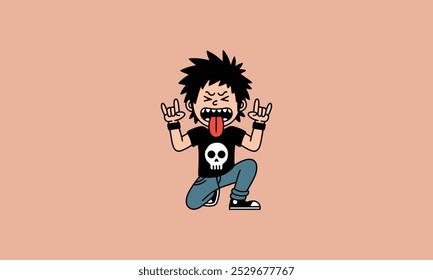 Cartoon-Rocker mit Zunge, in Totenschädel-Shirt.