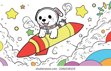 Cartoon Rocket and Adorable Puppy: Creative World of Children's Art