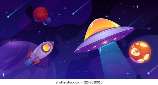Cartoon rocket and alien UFO flying in outer space. Vector illustration of spacecraft, stars, meteors, planets, falling comets with trails in dark night sky. Cosmic galaxy exploration game background