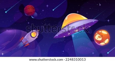 Cartoon rocket and alien UFO flying in outer space. Vector illustration of spacecraft, stars, meteors, planets, falling comets with trails in dark night sky. Cosmic galaxy exploration game background
