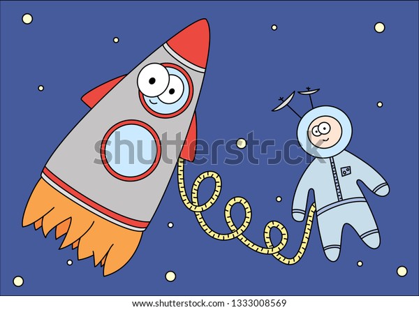 Cartoon\
rocket and astronaut fly in the space. Space\
card