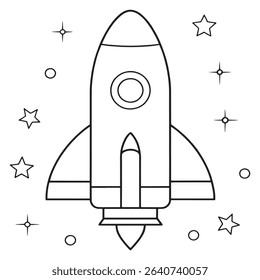 Cartoon rocket blasting into space in a playful kids coloring page with planets illustration