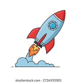 Cartoon rocket blasting off into space with fiery exhaust and smoke isolated on white background, Vector, illustration