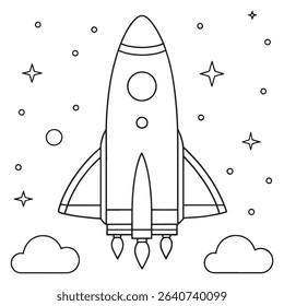 Cartoon rocket drawing for kids featuring space exploration and planet designs illustration