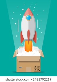 Cartoon rocket ejected from cardboard box. Concept of startup, creative idea, leadership, business success or inspiration. Space ship take off. Vector illustration in flat style