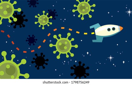 Cartoon Rocket Finds Path Through Coronavirus Pandemic Covid-19 Virus Asteroids stylised illustration