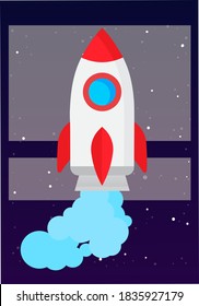 Cartoon rocket flies into space and blows smoke or water. Foam or bubbles at the bottom of the aircraft. Travel across the galaxy and the universe. Rocket flies into outer space on dark background