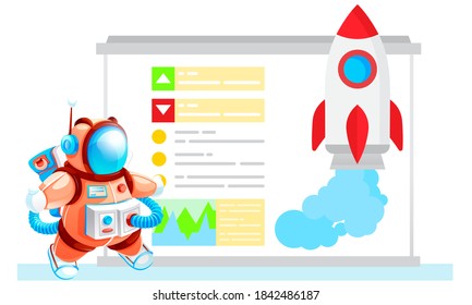 Cartoon-Rakete fliegt ins All und bläst Rauch oder Wasser. Reisen Sie durch die Galaxie und das Universum. Der Astronaut in einem Raumschiff wird fliegen. Raumflugplan. Poster mit Text auf Hintergrund