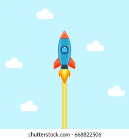 Cartoon rocket flight in the sky