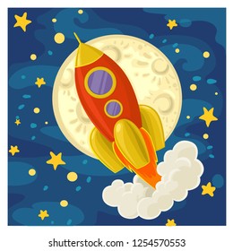Cartoon rocket  flying on the background of the moon and the starry sky
