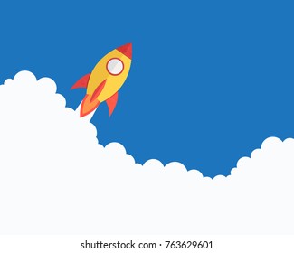 Cartoon rocket flying over clouds. Vector illustration