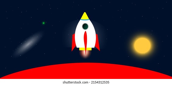 Cohetes de caricatura que vuelan desde el planeta rojo. La ilustración vectorial se puede utilizar como fondo.