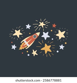 Cartoon rocket flying in the sky. Vector isolated illustration