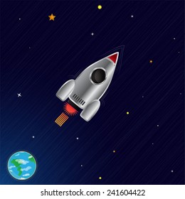 Cartoon rocket flying in space. Made in vector