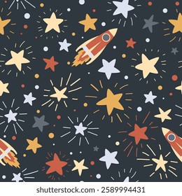 Cartoon rocket flying in the starry sky seamless pattern. Baby vector background.