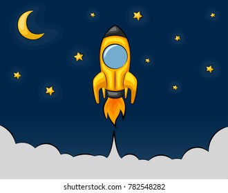 Cartoon rocket flying in the starry sky