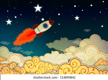 Cartoon rocket flying to the stars